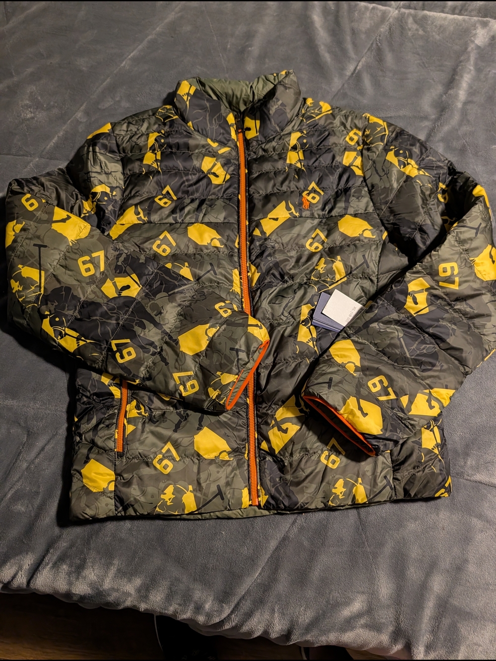 Classic Olive Green & Yellow Boys' Puffer Jacket with Number Print